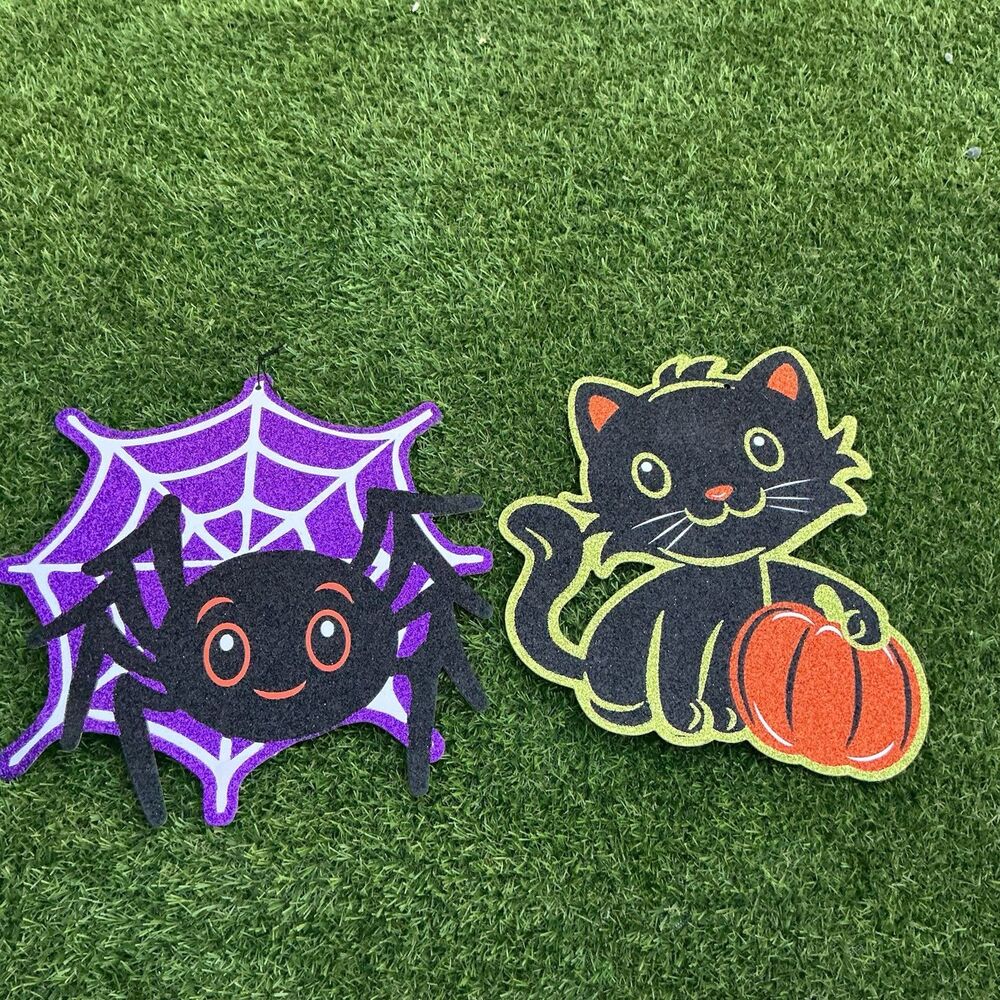 Halloween Black Cat Pumpkin Spider Web Glitter Hanging Decorations Set of 2